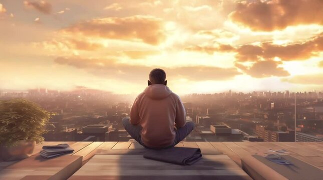 Man sitting on the building roof while staring at sunset sky lo-fi music illustration background animation