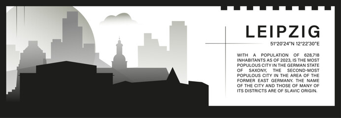 Leipzig skyline vector banner, black and white minimalistic cityscape silhouette. Germany city horizontal graphic, travel infographic, monochrome layout for website
