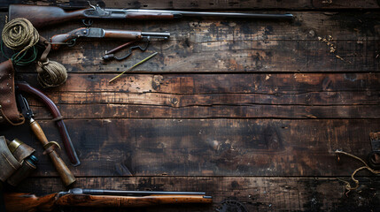 Hunting equipment on old wooden background.