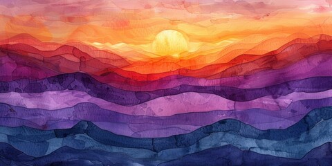 Sunset watercolor texture featuring warm oranges and cool purples, captures the dramatic end of day