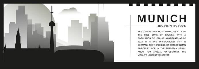 Munich skyline vector banner, black and white minimalistic cityscape silhouette. Germany city horizontal graphic, travel infographic, monochrome layout for website