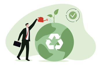 Circular economy illustration. Sustainable economic growth strategy, recourses reuse and reduce co2 emission and climate impact. ESG, green energy and industry concept. Vector illustration.