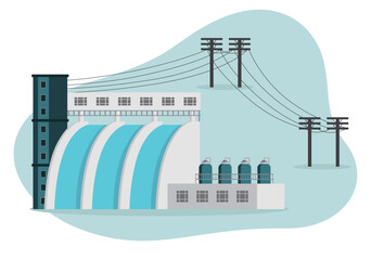Obraz premium Hydro power plant. River Dam. Renewable energy sources. High voltage transmission systems. Electric pole. Power lines. City energy infrastructure industrial illustration.