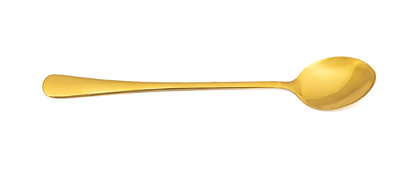 Stylish clean gold spoon on white background, top view