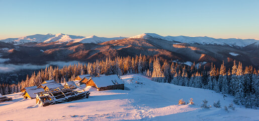 A frosty and sunny day in the mountainous area. Carpathian mountains, Ukraine, Europe.