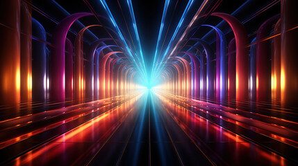 Neon backgrounds with neon lights in a tunnel, colorful lights network - obrazy, fototapety, plakaty