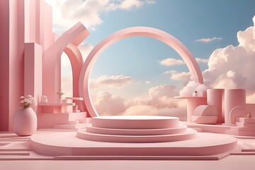 Background podium pink 3d product sky platform display cloud pastel scene render stand. Pink podium stage minimal abstract background beauty dreamy space studio pedestal smoke 