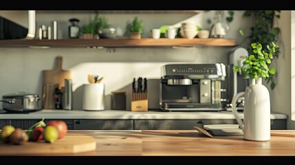Illustration of a modern kitchen with a wooden table as the centerpiece