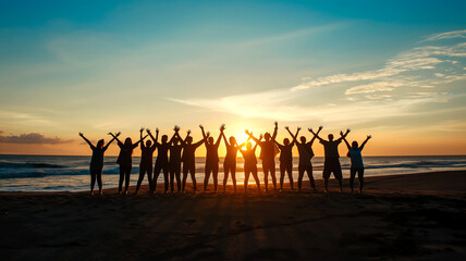 Group of people celebrating on beach at sunset representing community, joy, friendship, and togetherness.
