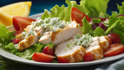 salad with cheese and tomato and chicken, AI generated, healthy food