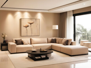 A Modern Living Room with Beige Color Theme and Stylish Furnishings