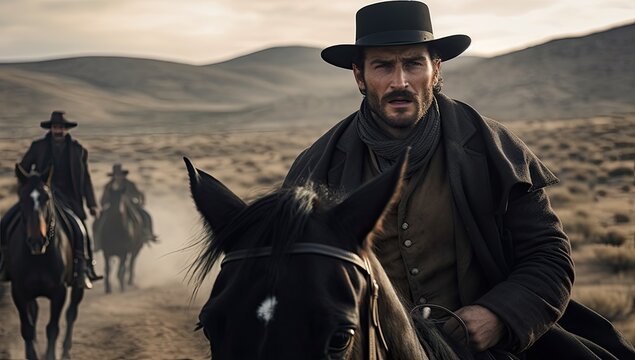 A dramatic moment unfolds as a cowboy faces off for a duel in a Western movie scene, embodying the spirit of the Wild West.