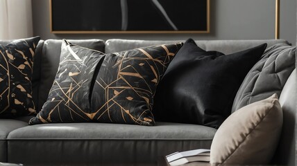 Closeup of soft black minimalist pillows on soft sofa with morning sunlight on minimal living room background from Generative AI