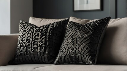 Closeup of soft black minimalist pillows on soft sofa with morning sunlight on minimal living room background from Generative AI