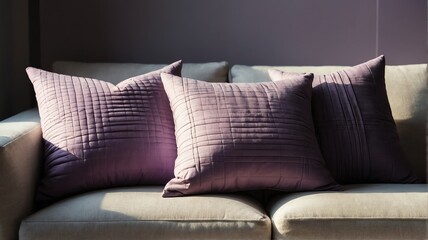 Closeup of soft purple minimalist pillows on soft sofa with morning sunlight on minimal living room background from Generative AI