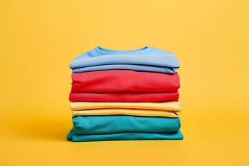 Stack of folded tshirts on yellow background
