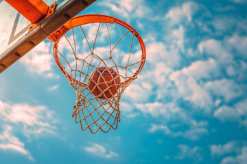 Basketball flies into the basket, street basketball. AI generative