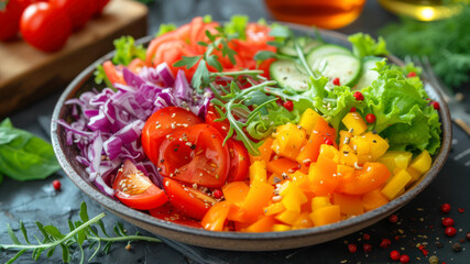 Fresh salad with tomatoes, cucumbers and red cabbage on a dark background