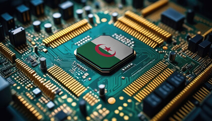 Algeria flag on a processor, CPU or microchip on a motherboard. Concept for the battle of global microchips production.