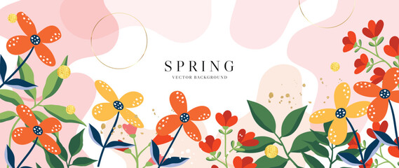 Fototapeta premium spring floral art background vector illustration. Watercolor hand painted botanical flower, leaves, insect, butterflies. Design for wallpaper, poster, banner, card, print, web and packaging.