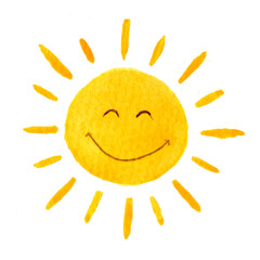 Cute cartoon sun. Hand drawn watercolor illustration Smiling sun isolated on white. Watercolour painted illustration.  - 739824196