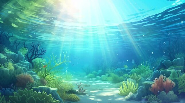 underwater aquatic fresh water ecosystem with blue water and sunlight rays trough water surface anime background illustration
