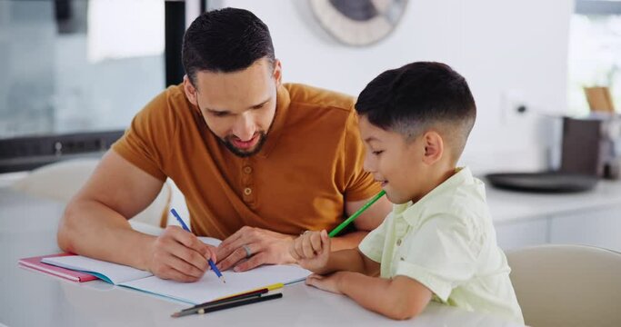 Father, son or color pencils in home for learning, love or child development or homework on kitchen counter. Man, boy or teaching by crayons on art book, creative education or bonding care in house