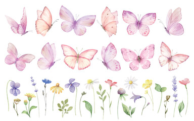 Pink Butterflies vector clipart set. Watercolor hand painted illustration. Party invitation, birthday celebration, wedding design, stationery. Spring or summer decoration. - 739824751