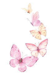 Pink flying watercolor vector butterflies. Excellent for wedding design, stationery, invitation. Hand painted illustration.