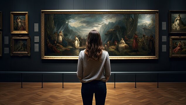 In the serene atmosphere of the art gallery, a woman engages with the pictures on the walls, savoring the essence of each artwork in the museum