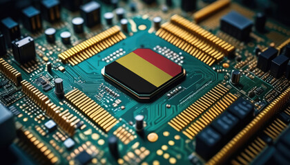 Belgium flag on a processor, CPU or microchip on a motherboard. Concept for the battle of global microchips production.