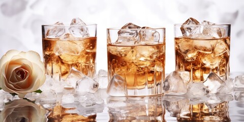 Roses flower and three glasses of whiskey or scotch with ice on a mirror background. Spring advertising banner of alcoholic beverages mockup.