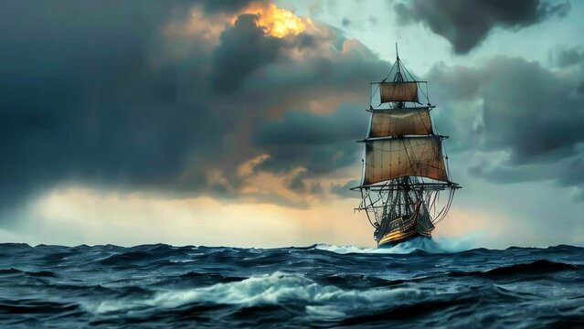 A majestic 17th century sailing ship on a stormy ocean in the evening