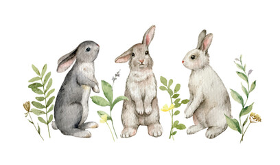 Watercolor vector set of cute bunnies and twigs. Design for Easter cards, baptisms, invitations, postcards. Hand painted illustration.