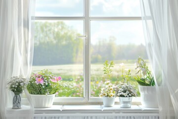 window with curtains, behind which you can see a blooming field, concept nature, ecology