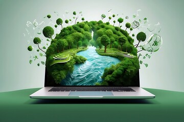 Technology with nature concept.Laptop screen with Green Globe and tree on it. Carbon efficient technology. Digital sustainability. Eco-friendly technology for the Sustainable Development Goals.SDGs.  - obrazy, fototapety, plakaty