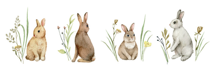 Watercolor vector set of cute bunnies and twigs. Design for Easter cards, baptisms, invitations, postcards. Hand painted illustration.