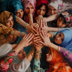 Obraz premium A group of women from different nationalities happily holding hands. overlapping each other.