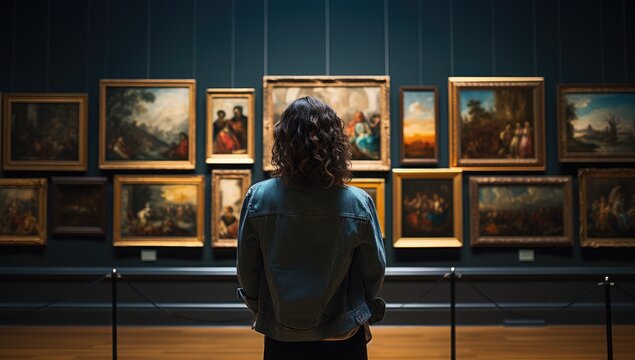 In the serene atmosphere of the art gallery, a woman engages with the pictures on the walls, savoring the essence of each artwork in the museum