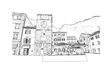 Print Building view with landmark of Kotor city. Hand drawn sketch illustration in vector.