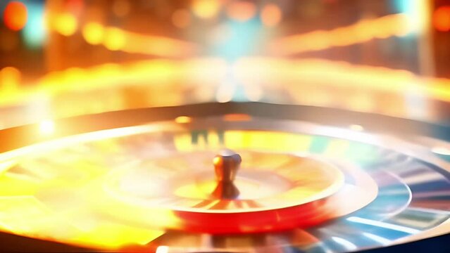 Blurred casino abstract background of vibrant roulette wheel spins energetically in casino setting, bathed in warm glow. Multi Colored bokeh in background add to allure and excitement