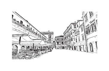 Fototapeta na wymiar Print Building view with landmark of Kotor city. Hand drawn sketch illustration in vector.