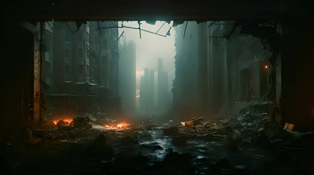 Abandoned and destroyed big city in flames with falling debris post-apocalyptic cinematic scenery animation