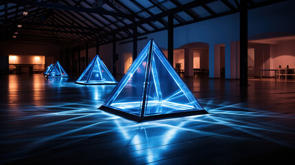 Neon blue color light, laser light making triangular shapes backgrounds - obrazy, fototapety, plakaty