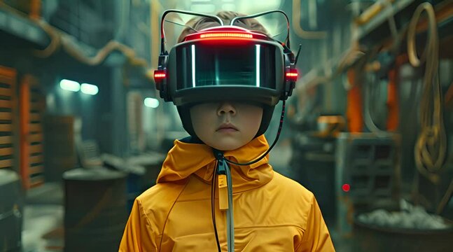 Cyberpunk kid wearing a futuristic virtual reality head gear helmet and a jellow jacket in a dark sci-fi environment animation