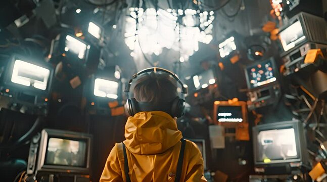 Cyberpunk kid looking around and wearing a futuristic virtual reality head gear helmet and a jellow jacket in a dark sci-fi environment animation