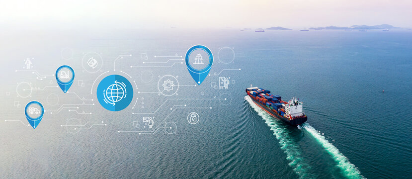 Aerial view container ship, Global business import export commerce trade logistic transportation worldwide by container cargo ship boat in the open sea, Freight shipping maritime.