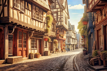 Plantagenet French city street from medieval times., with timbered buildings and cobbled roads. Digital illustration. - 739827361