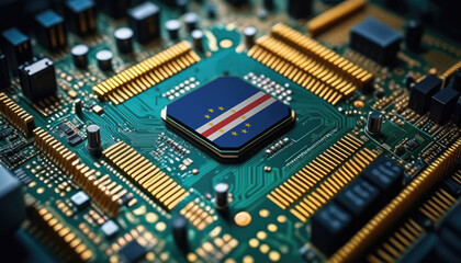 Cape Verde flag on a processor, CPU or microchip on a motherboard. Concept for the battle of global microchips production.