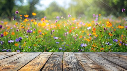 banner Empty wooden table platform with wildflowers blossom background. For product display